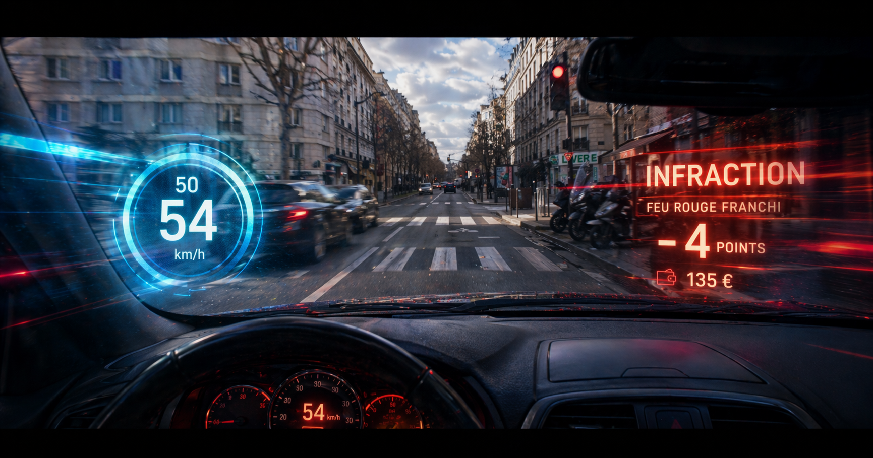Windshield VFX title sequence with traffic infraction graphics
