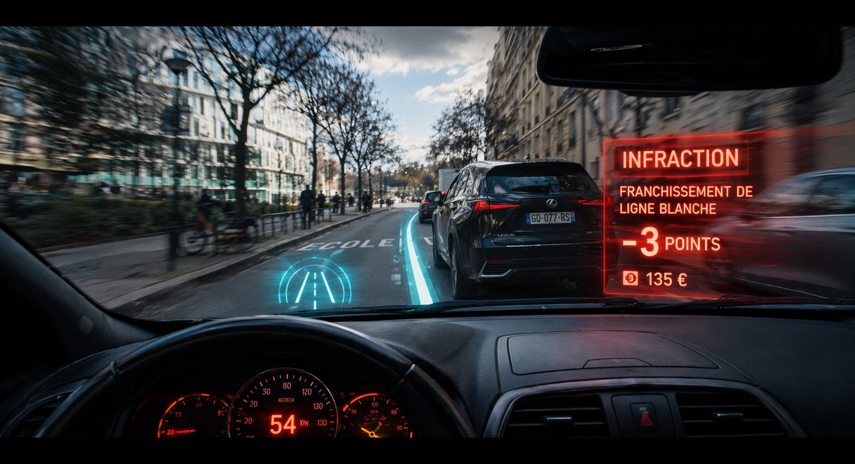 Windshield graphics showing a lane crossing infraction