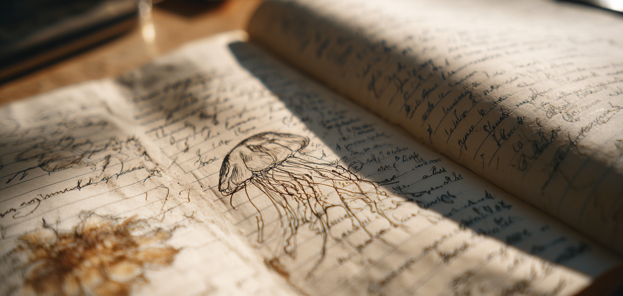 Notebook with pencil jellyfish drawing