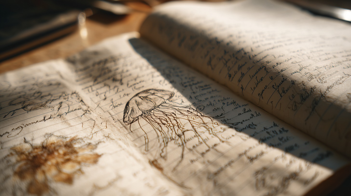 Student notebook with pencil jellyfish drawing